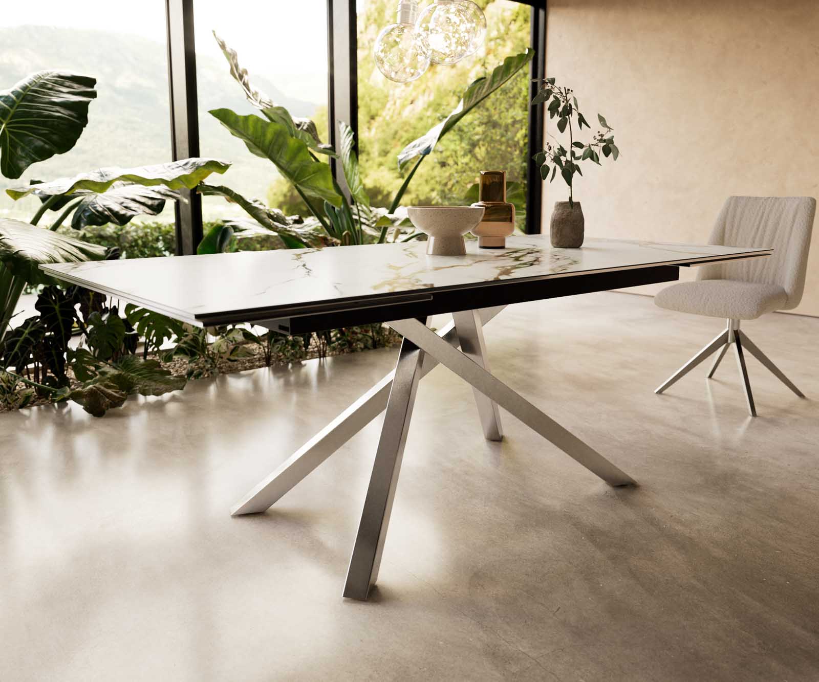 Table à manger Edge 200-300x100 céramique Calacatta Luxe blanc-doré-gris cadre croisé rectangulaire acier inoxydable extensible 6