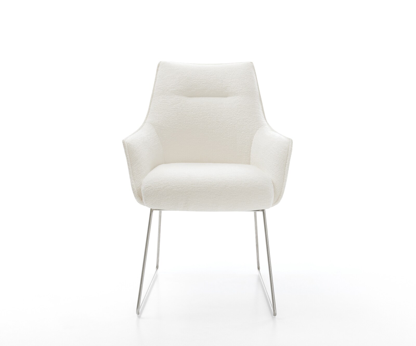 Chaise-de-salle-à-manger Alja-Flex avec accoudoirs bouclé doux beige pied trapèze acier inoxydable resorts ensachés 1