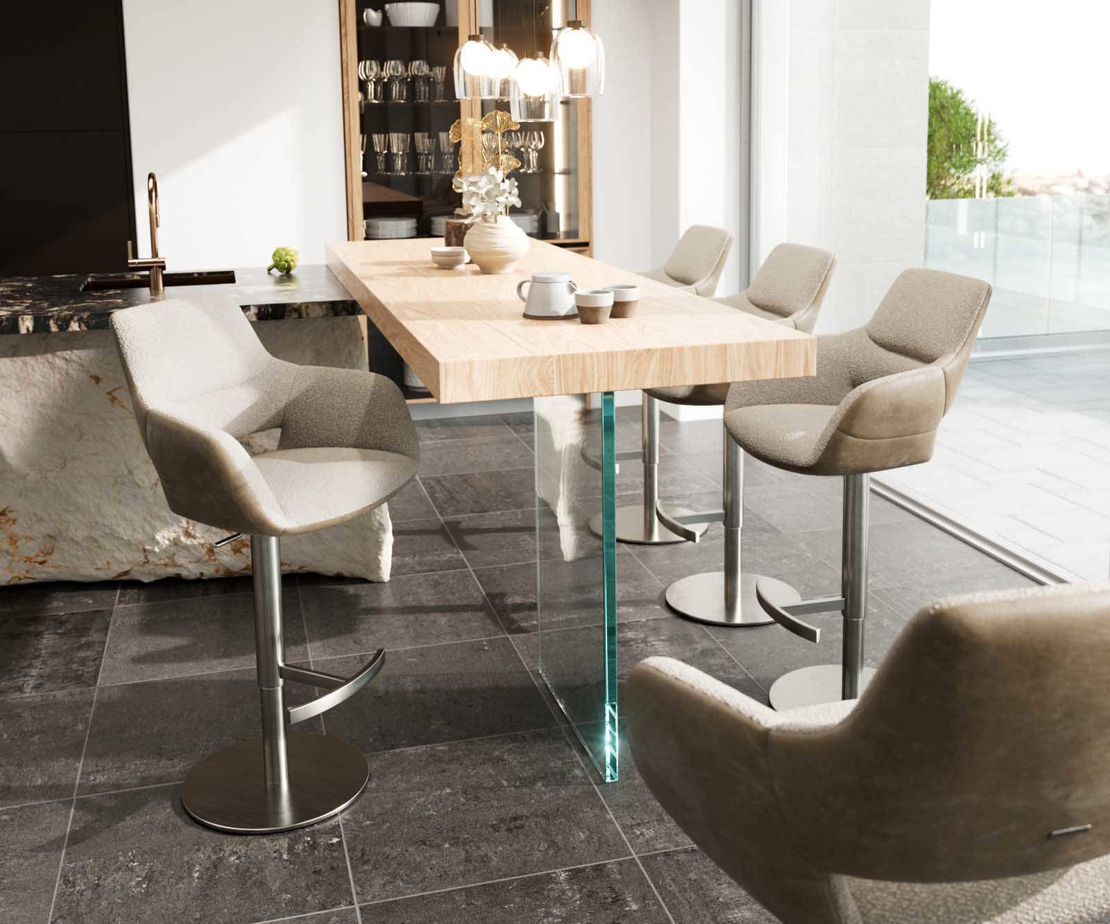 Chaise-de-bar Yago-Flex mélange de matériaux microfibre boue / bouclé boue pied pivotant hauteur réglable inoxydable pivotant ressorts ensachés 3 Chaise-de-bar Yago-Flex mélange de matériaux microfibre boue / bouclé boue pied pivotant hauteur réglable inoxydable pivotant ressorts ensachés 3