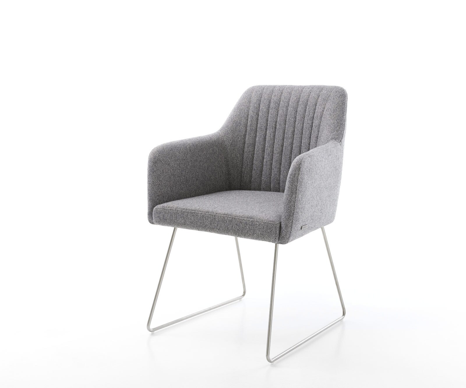 Chaise-de-salle-à-manger Greg-Flex tissu texturé gris clair pied trapèze acier inoxydable brossé ressorts ensachés