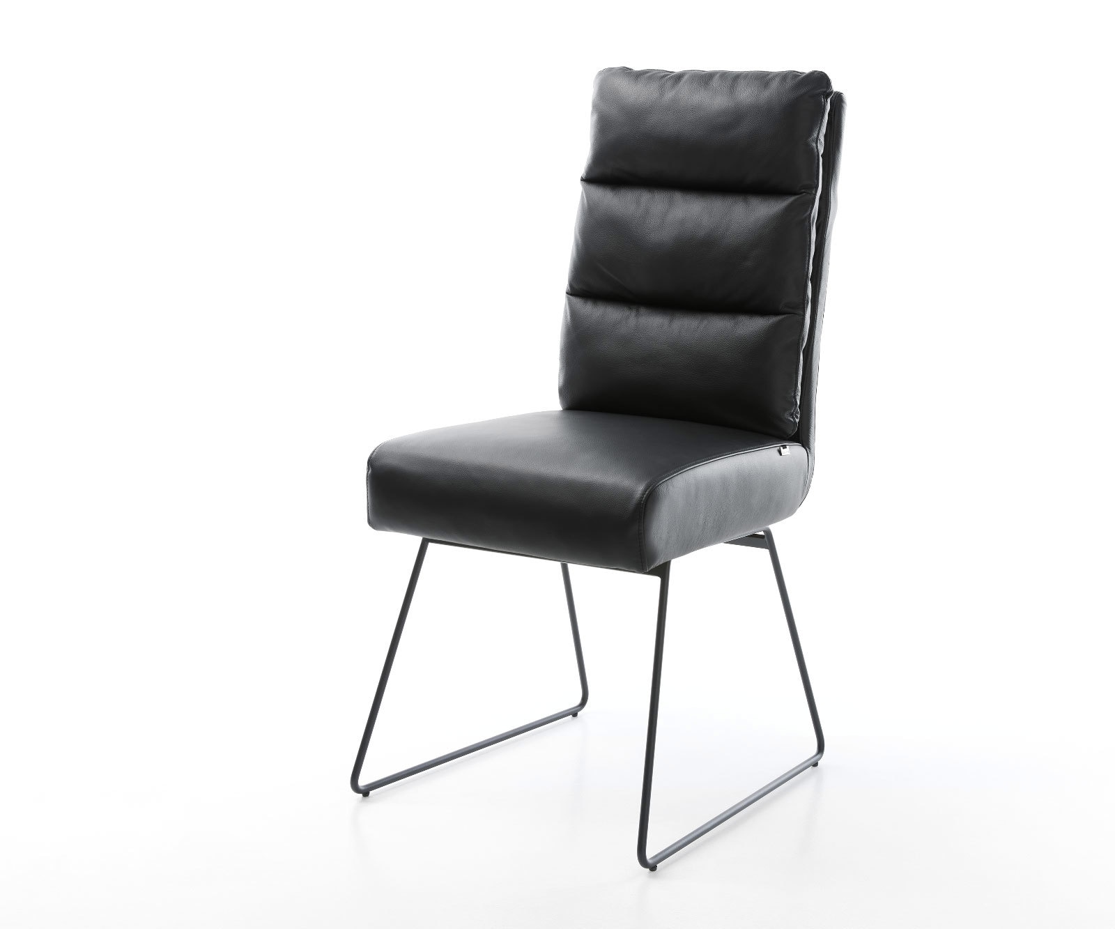 Chaise-de-salle-à-manger Pela-Flex cuir de vache noir pied trapèze noir ressorts ensachés Chaise-de-salle-à-manger Pela-Flex cuir de vache noir pied trapèze noir ressorts ensachés