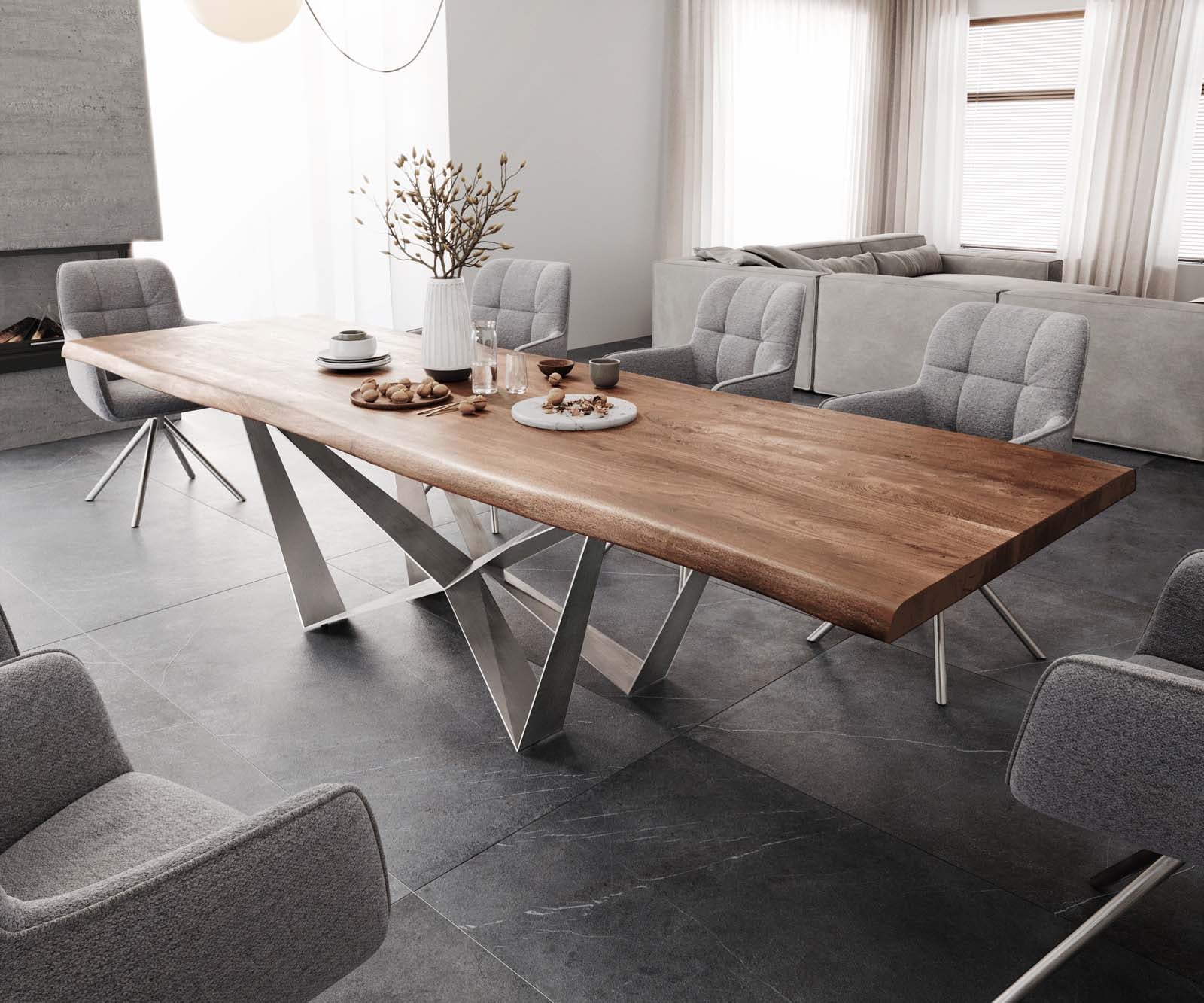 Table à manger Edge 300x100 XL acacia marron Spider acier plat acier inoxydable Live-Edge 1
