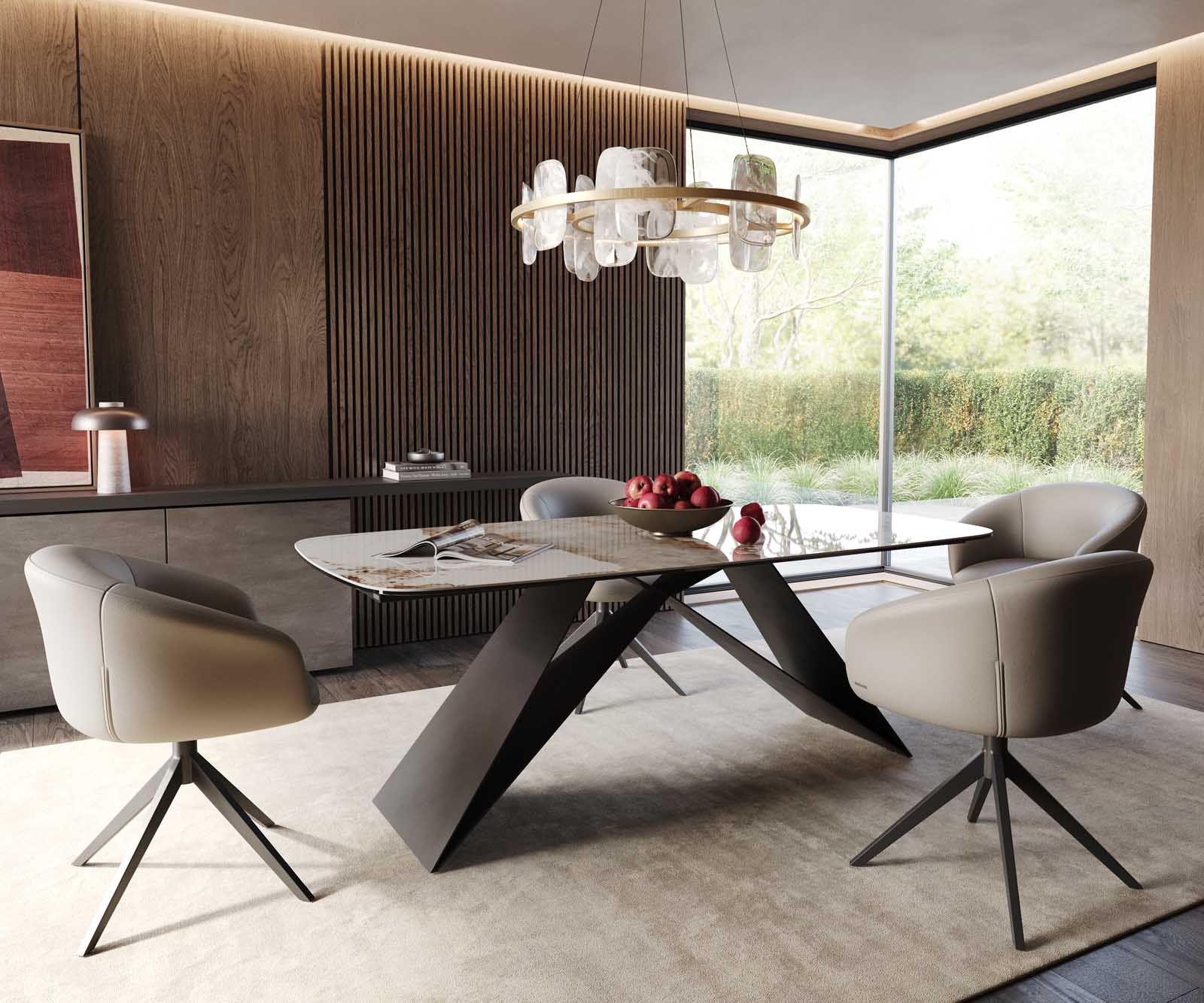 Table à manger Edge en forme de bateau 200x100 céramique Minas mélange blanc-beige cadre en V acier plat noir 6