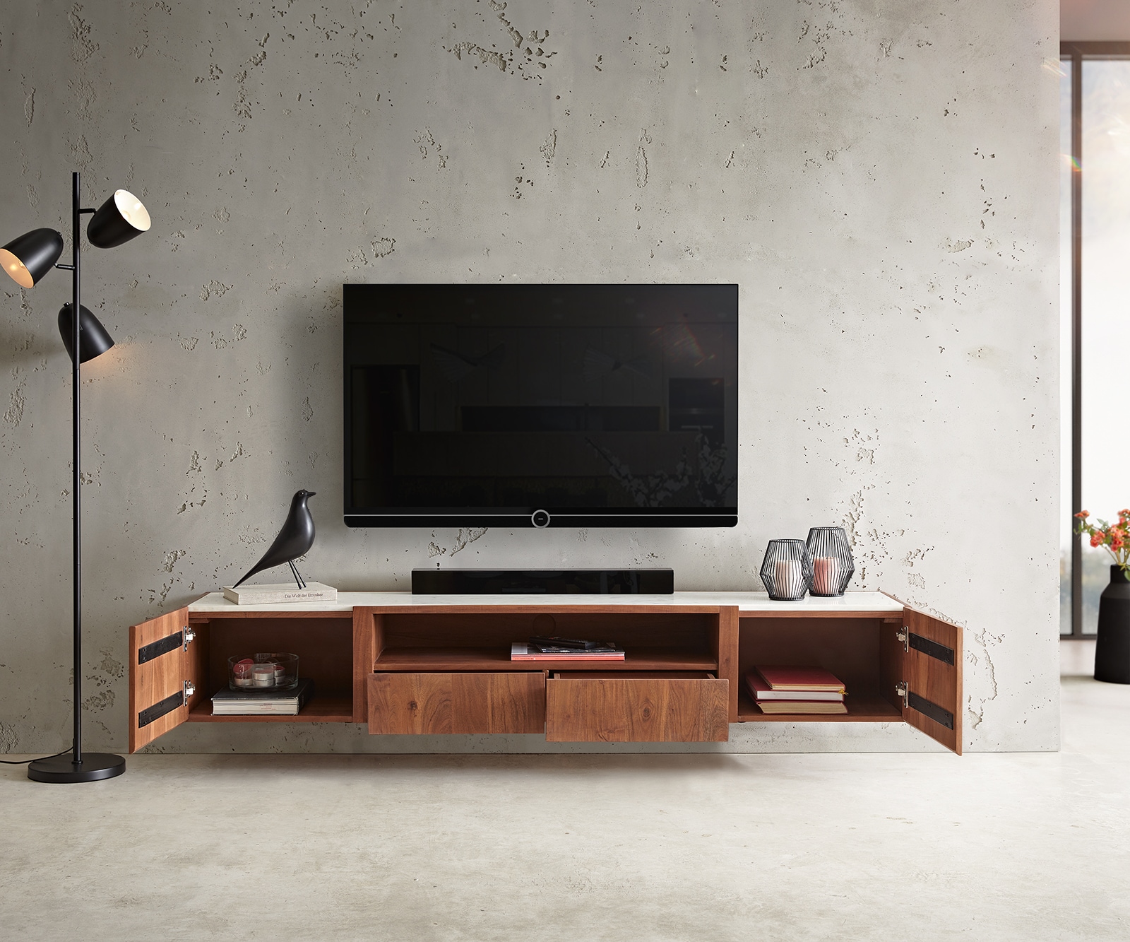 Meuble-TV Secara 200 cm acacia marron 2 portes 2 tiroirs marbre flottant 3 Meuble-TV Secara 200 cm acacia marron 2 portes 2 tiroirs marbre flottant 3