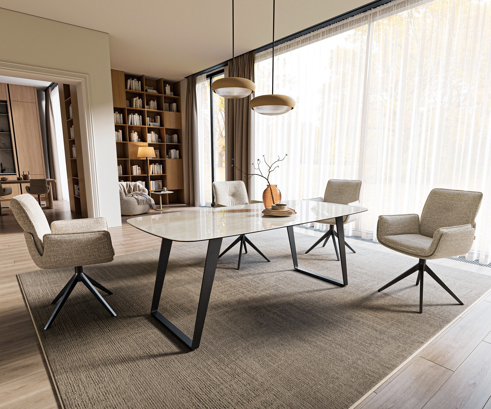 Table à manger Edge bateau 200x100 cm céramique Onyx Champagne piètement incliné métal noir 7