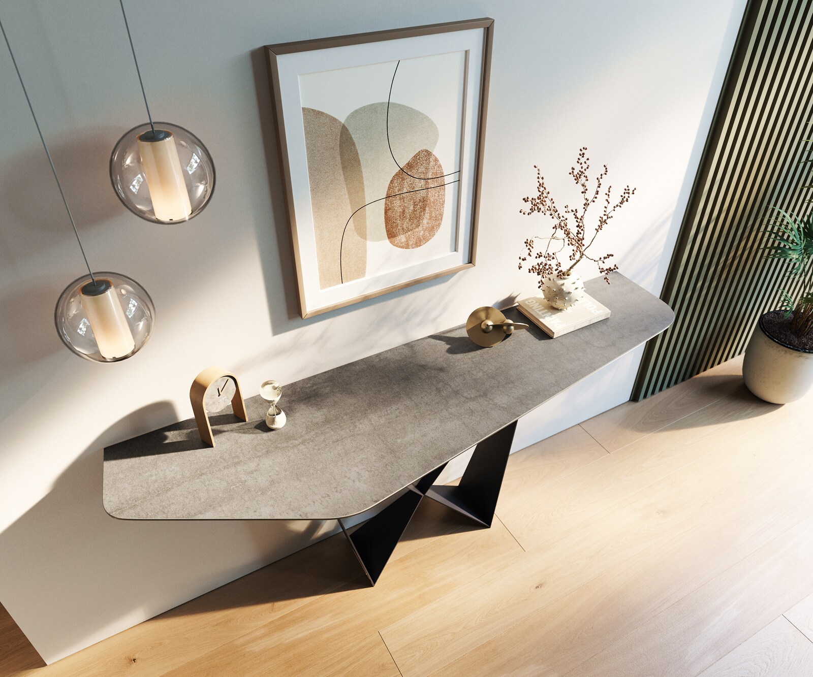 Console Edge Polygonal 180x50 cm Céramique Gris béton Spios Métal Noir 2