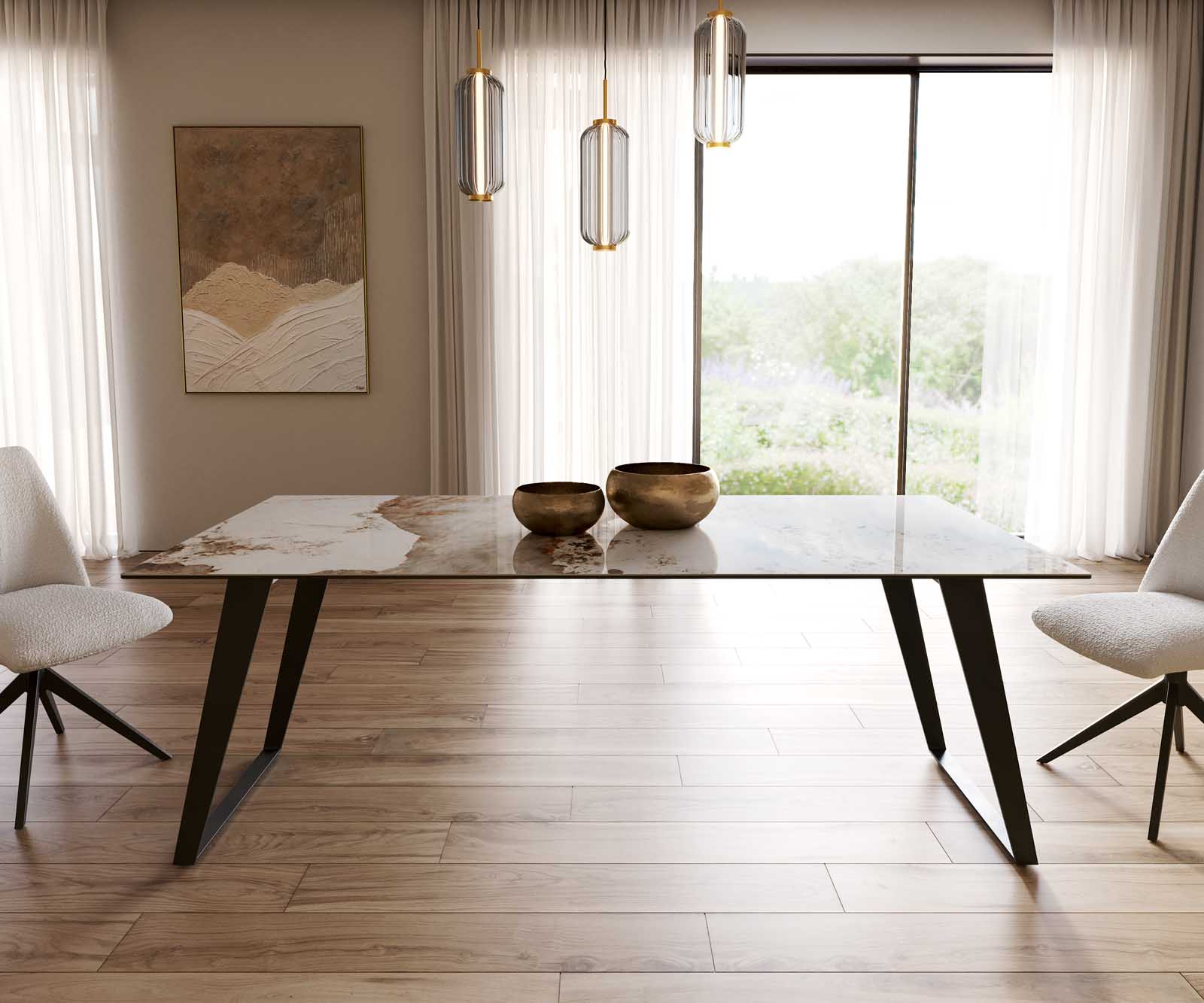 Table à manger Edge 200x100 céramique Minas mélange blanc-beige métal incliné noir 1 Table à manger Edge 200x100 céramique Minas mélange blanc-beige métal incliné noir 1