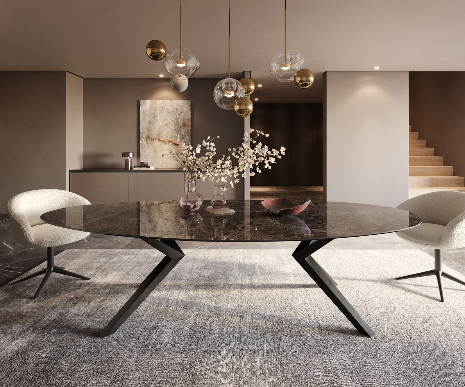 Table de salle à manger Edge Ovale Céramique Emperador Extra Lucidato Brun foncé 280x130 Zenthara angulaire Métal Noir 2