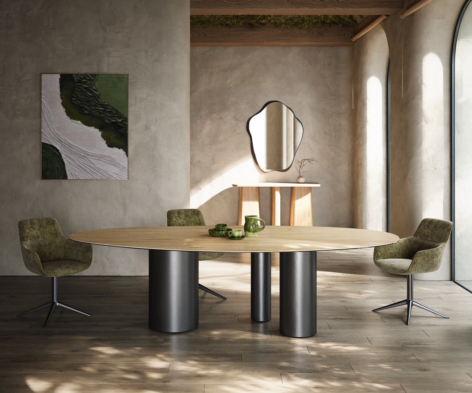 Table à manger Edge Ovale 280x130 Céramique Laminam® Sabbia Couleur chêne Troa Acier inoxydable Graphite 2