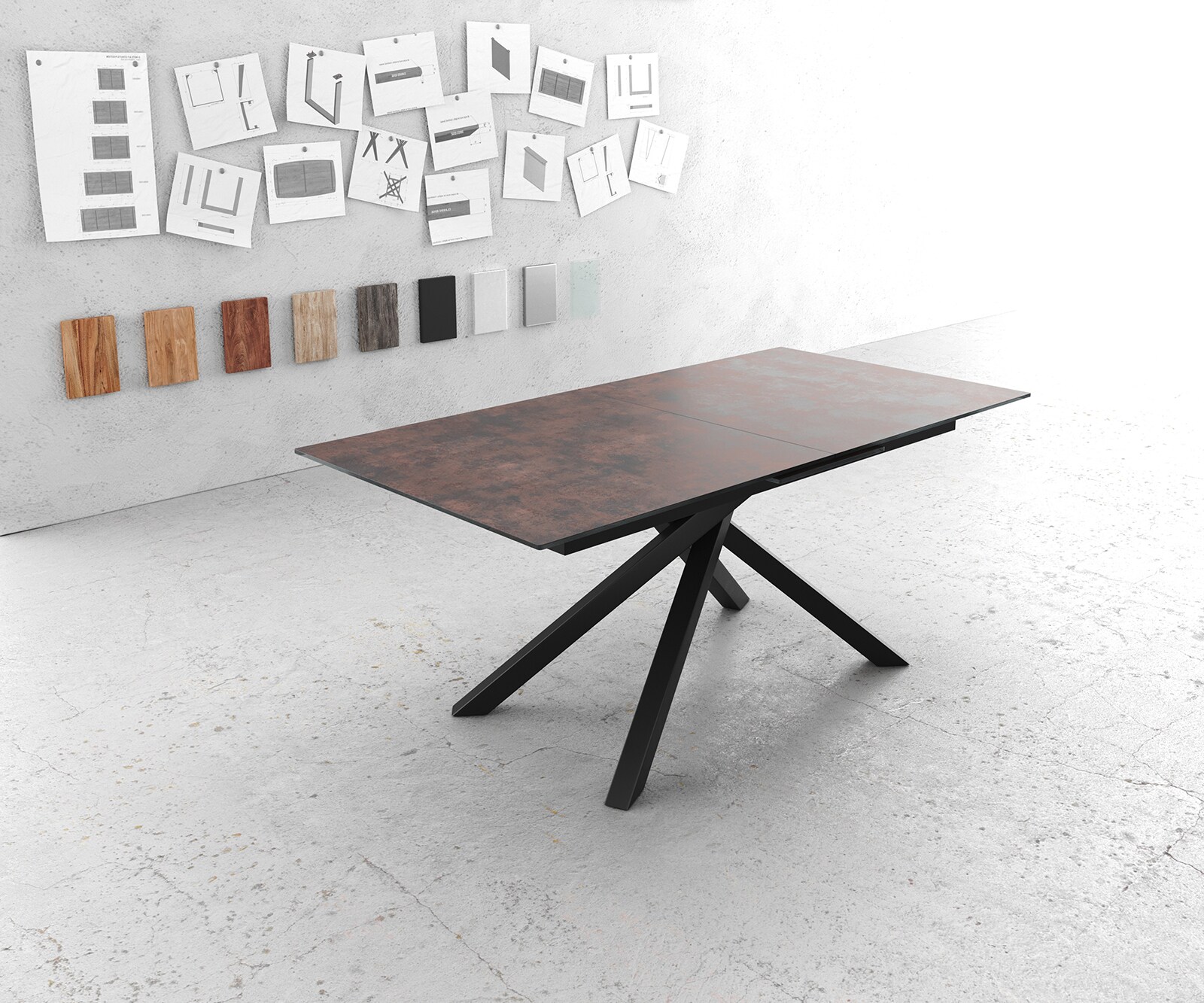 Table-à-manger Edge 180-220x90cm verre Antique-marron pieds milieu croisé noir 2