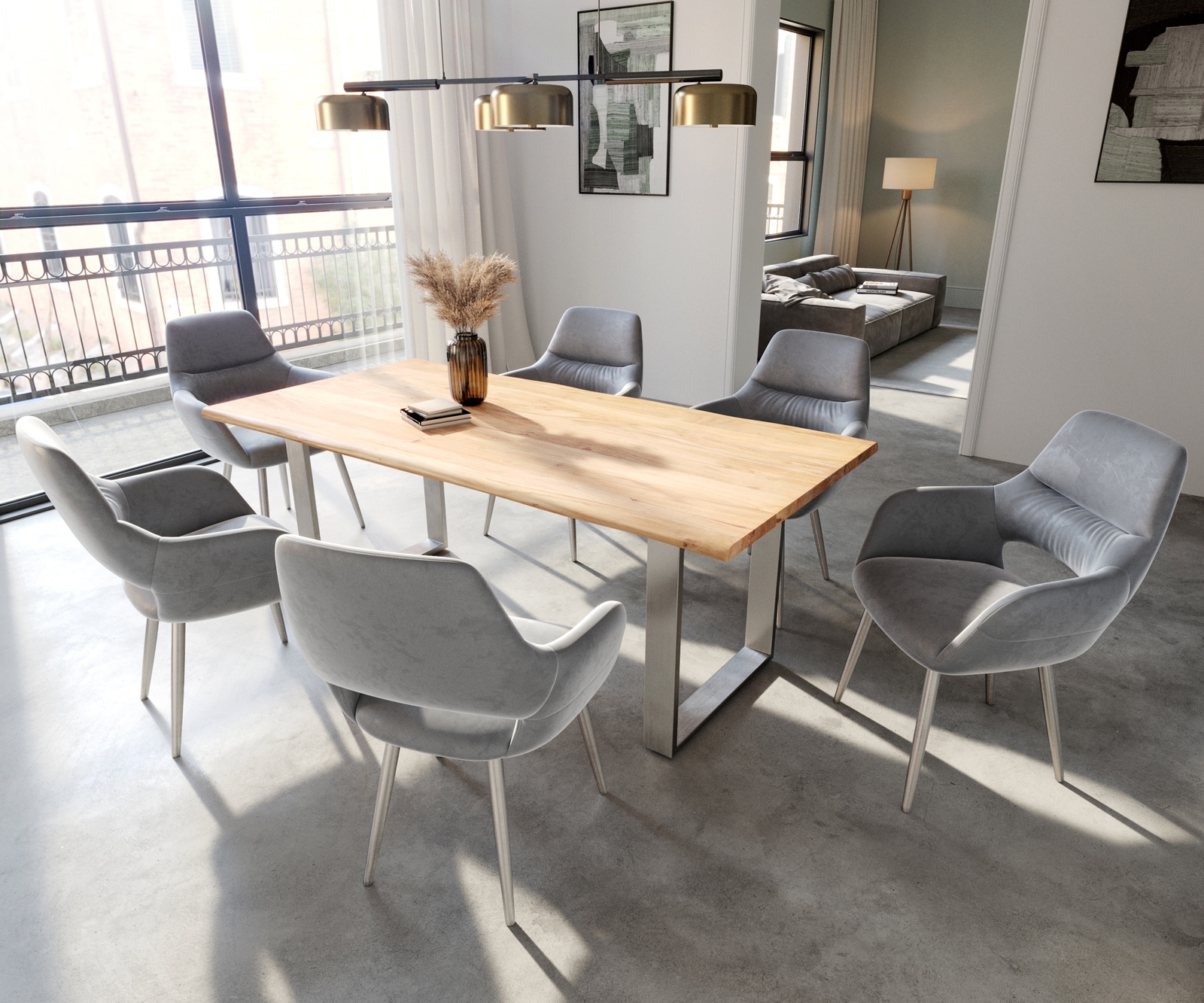 Chaise-de-salle-à-manger Yago-Flex avec accoudoirs velours gris 4 pieds coniques acier inoxydable brossé ressorts ensachés 3 Chaise-de-salle-à-manger Yago-Flex avec accoudoirs velours gris 4 pieds coniques acier inoxydable brossé ressorts ensachés 3