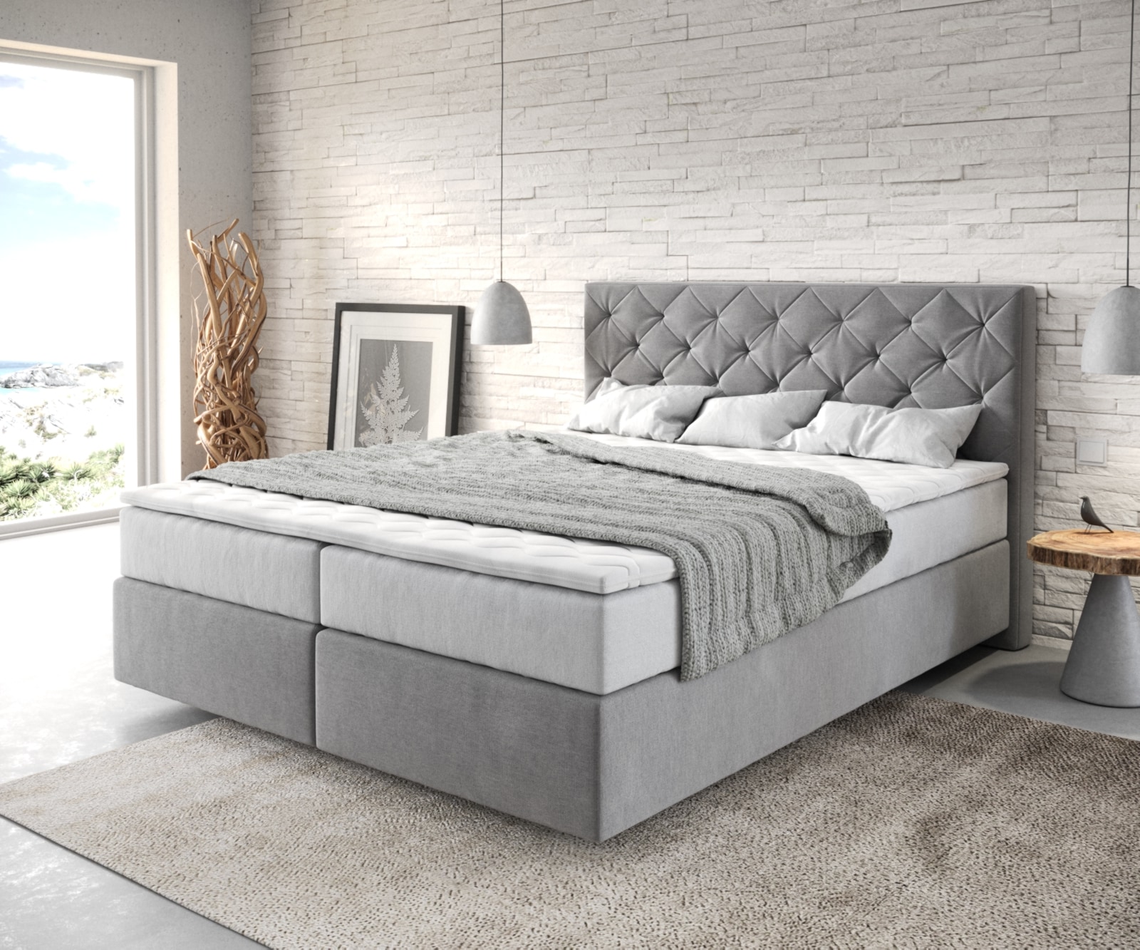 Lit-à-sommier-tapissier  Dream-Great 160x200 cm microfibre gris avec matelas TFK et surmatelas viscoélastique Lit-à-sommier-tapissier  Dream-Great 160x200 cm microfibre gris avec matelas TFK et surmatelas viscoélastique