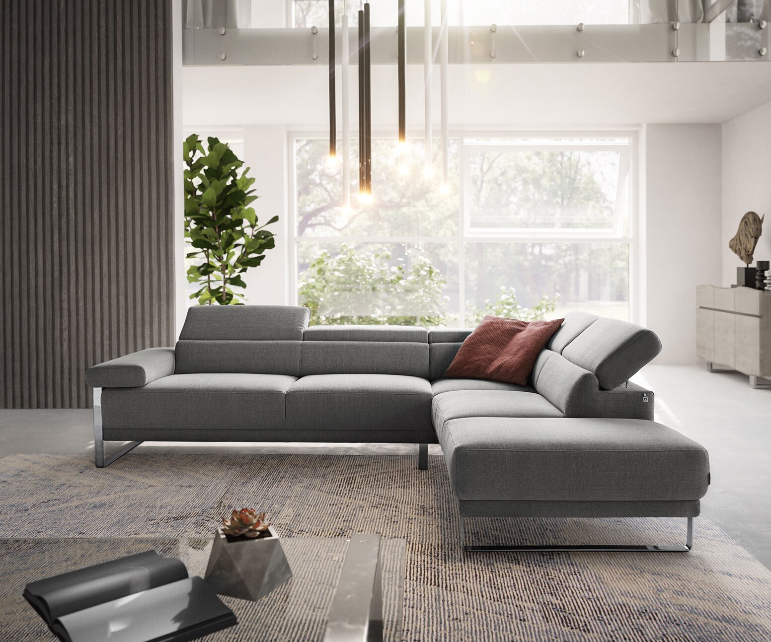 Canapé-d'angle Floyd 300x230 gris argenté ottoman droite réglage d'appui tête de W. Schillig 1