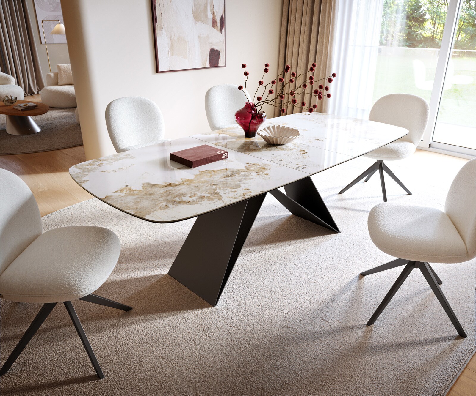 Table à manger Edge Boot 180-220x100 cm Céramique Minas Melange Blanc-Beige piètement en V Flachstahl Noir extensible 6