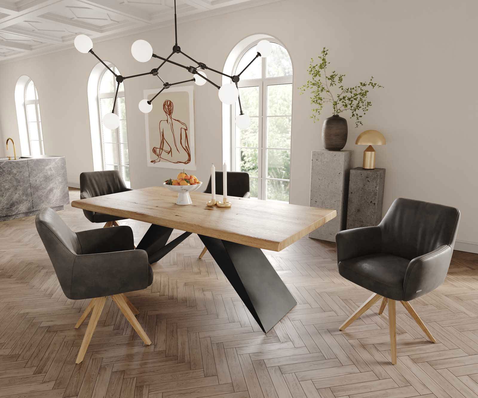 Chaise-pivotante Xana-Flex avec accoudoirs microvelours anthracite vintage pied en bois angulaire naturel pivotement sur 180° ressorts ensachés 4