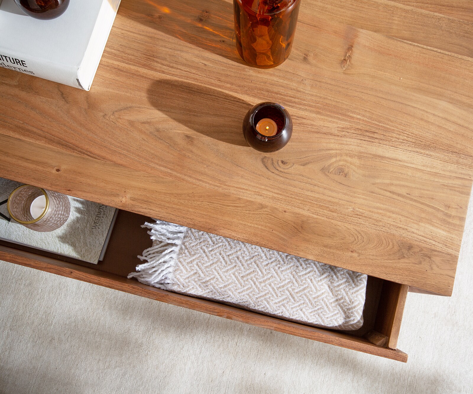Table basse Stonegrace 80x60 acacia nature 2 tiroirs placage en pierre pieds en V 6