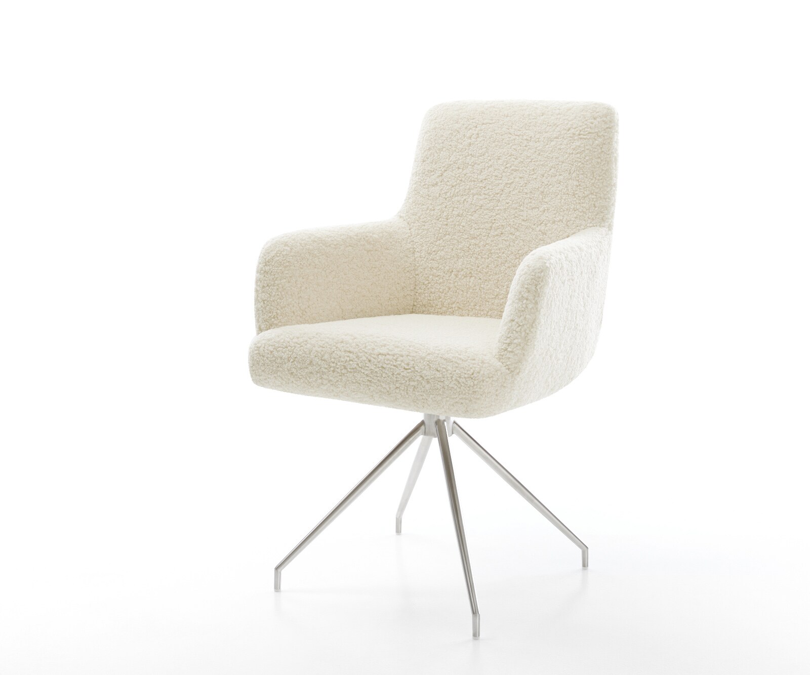 Chaise-de-salle-à-manger Heira-Flex avec accoudoirs tissu teddy beige pied croisé conique acier inoxydable resorts ensachés 1