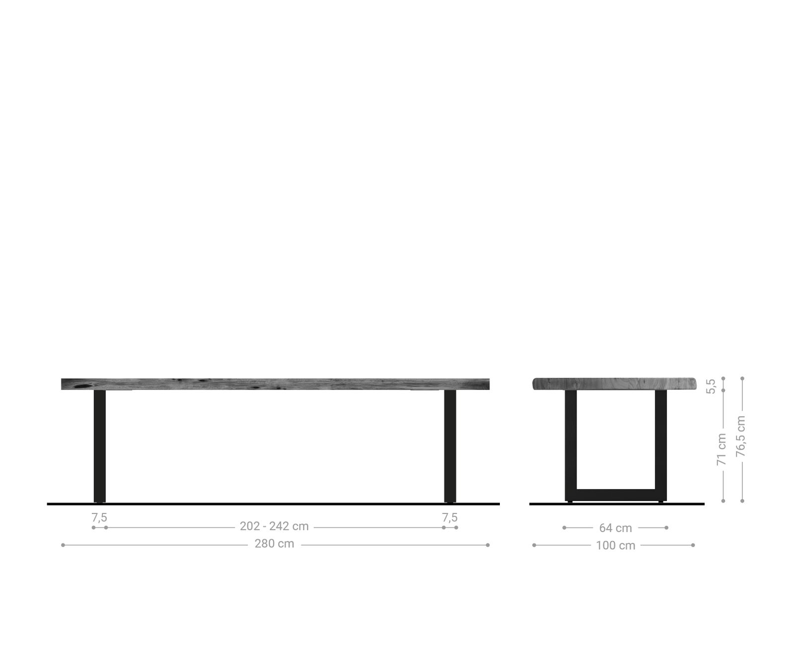 Table-à-manger Edge 280x100cm XL acacia nature acier inoxydable large Live-Edge 6