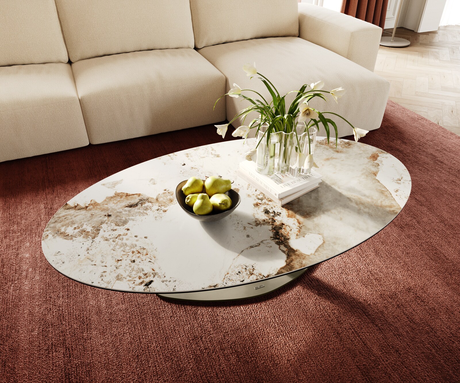 Table basse Edge Oval 140x80 cm céramique Minas Melange Vibany Metall finition effet titane 4