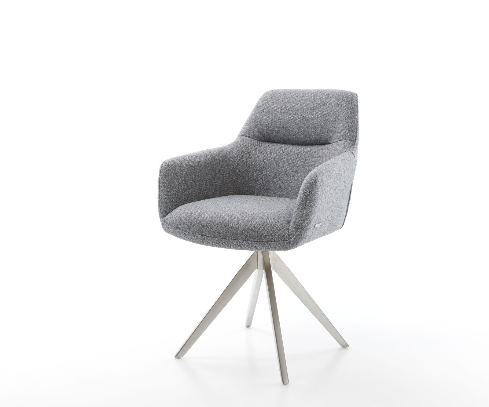 Chaise-de-salle-à-manger Pejo-Flex tissu texturé gris clair pied croisé angulaire acier inoxydable brossé ressorts ensachés