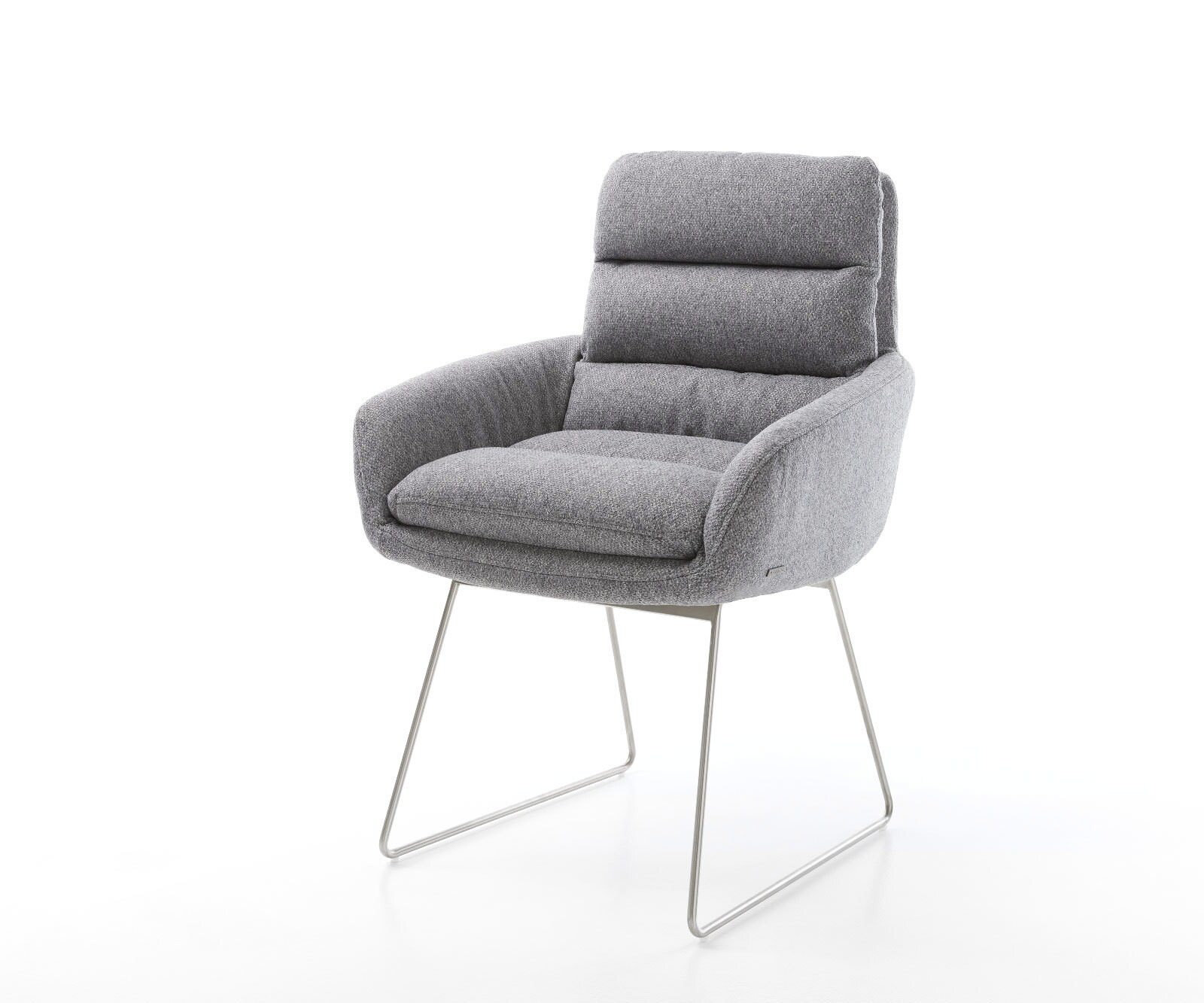 Chaise-de-salle-à-manger Abelia-Flex avec accoudoirs tissu texturé gris clair pied trapèze acier inoxydable brossé