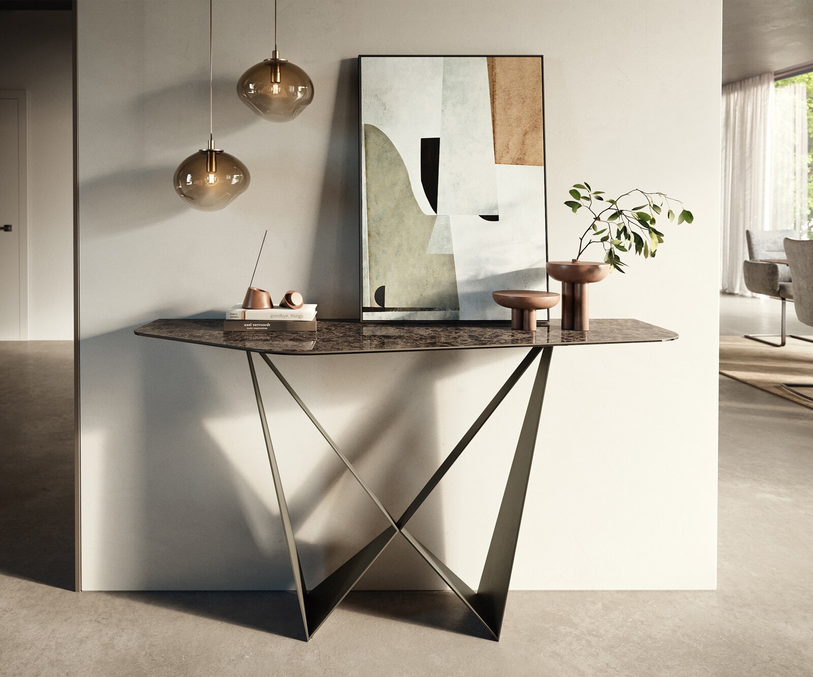 Console Edge Polygonal 140x50 cm Céramique Emperador Extra Lucidato Dunkelbraun Spios Métal Effektfinish Titan