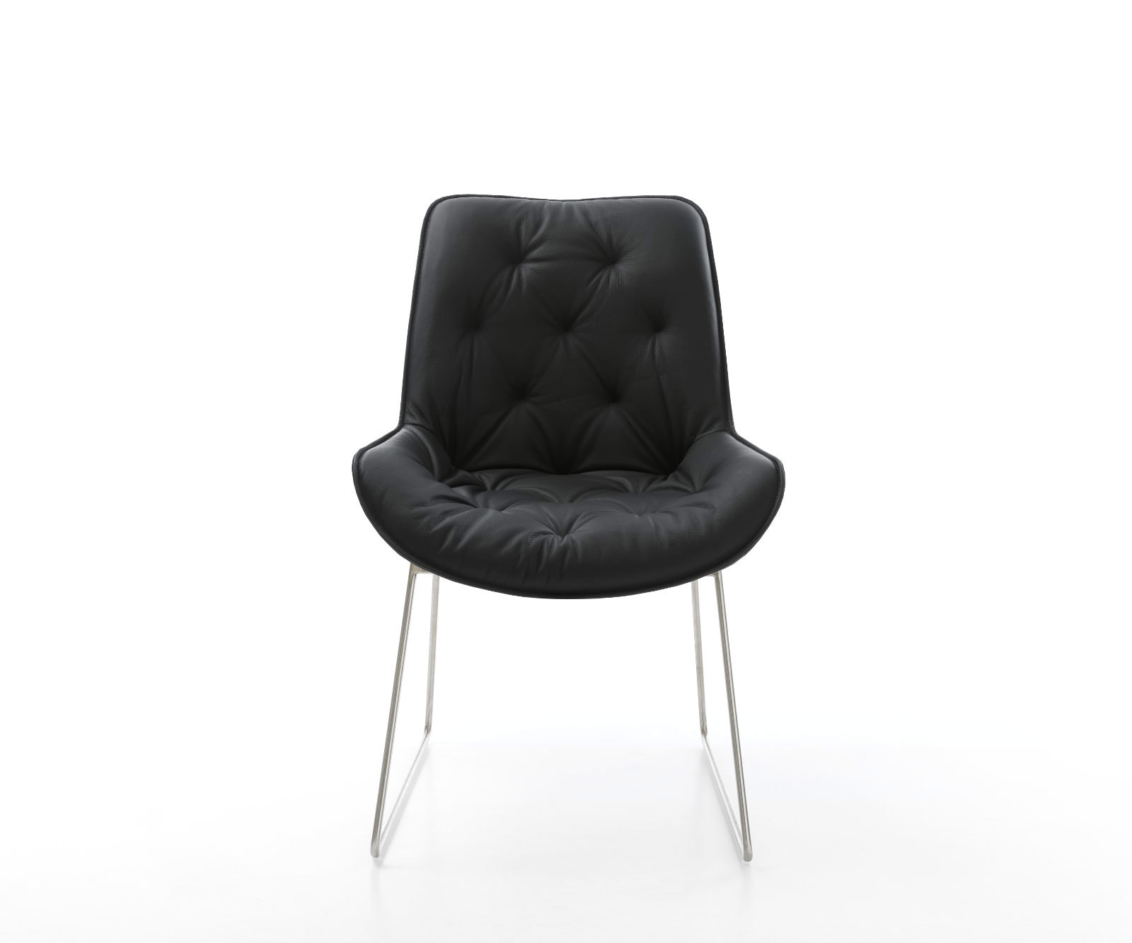 Chaise-de-salle-à-manger Taimi-Flex cuir de vache noir pied trapèze acier inoxydable brossé 2 Chaise-de-salle-à-manger Taimi-Flex cuir de vache noir pied trapèze acier inoxydable brossé 2