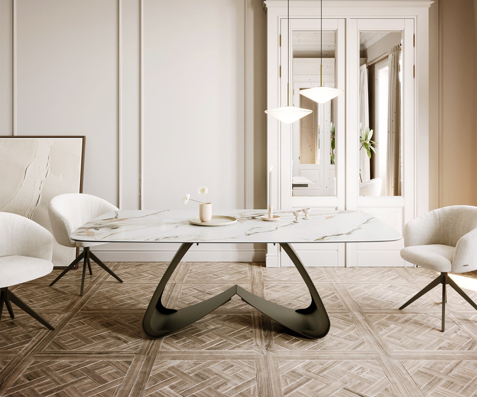 Table à manger Edge Boot 200x100 céramique Calacatta Luxe blanc-doré-gris cadre en W métal effet finition titanee 1