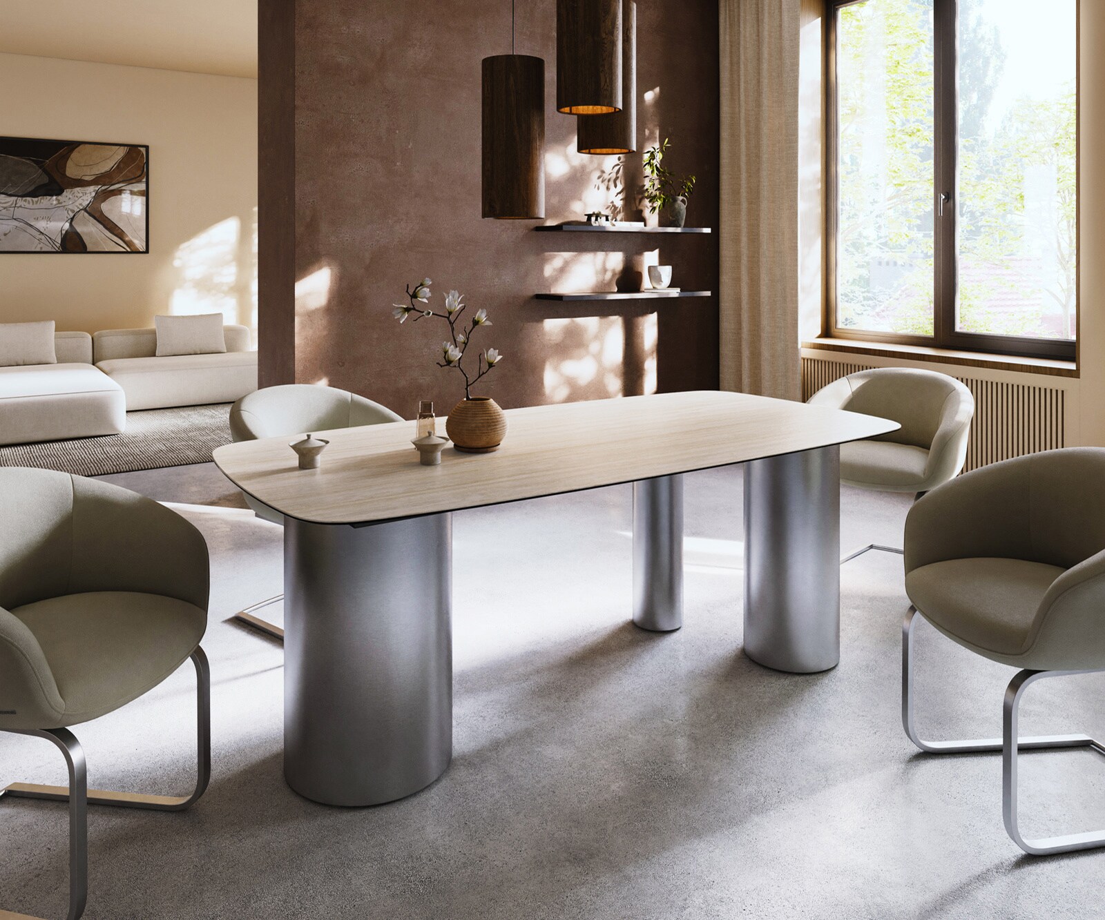 Table à manger Edge Boot 200x100 céramique Laminam® Travertino Bianco crème-blanc Troa acier inoxydable brossé 4
