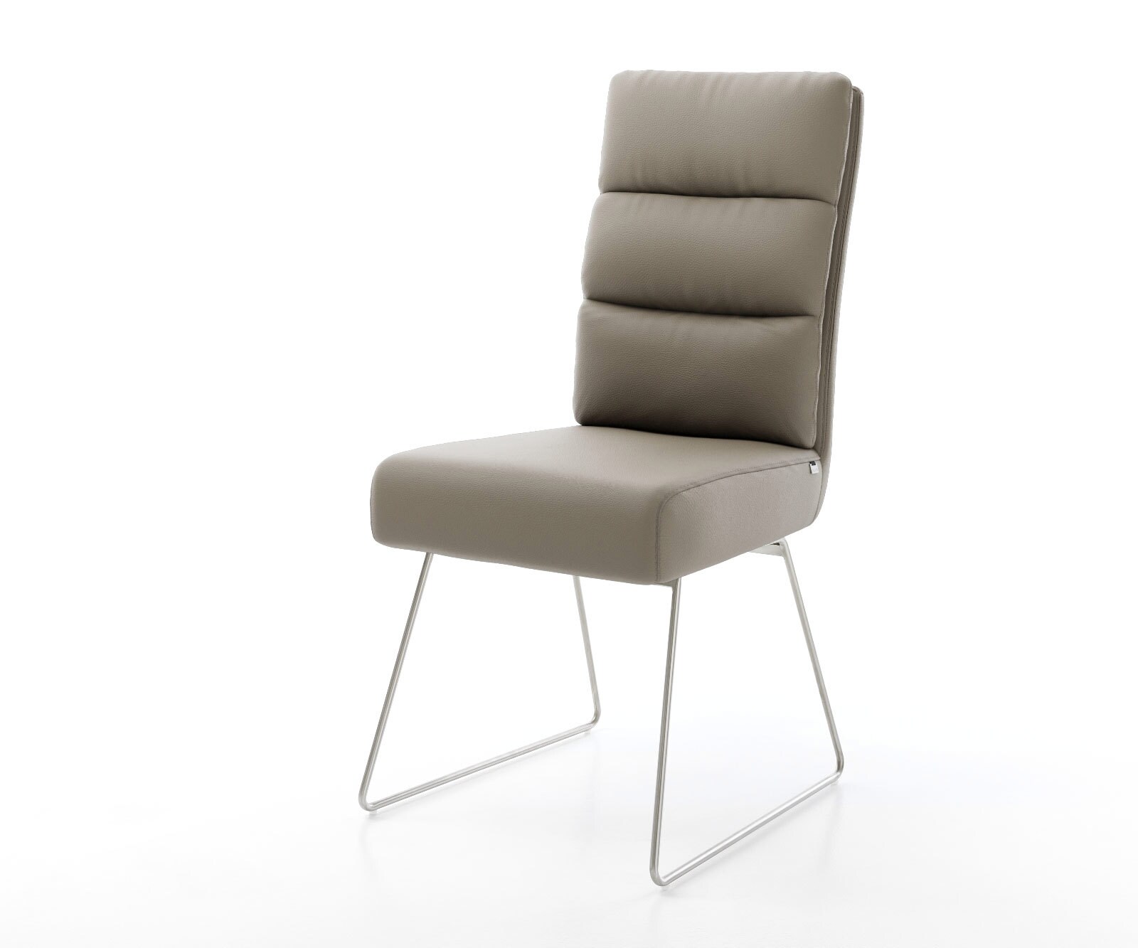 Chaise-de-salle-à-manger Pela-Flex cuir de vache couleur boue pied trapèze acier inoxydable brossé ressorts ensachés