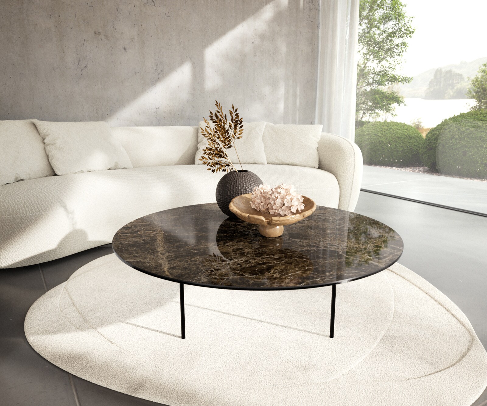 Table basse Edge rond 100x100 cm céramique Laminam® Emperador Extra Lucidato brun foncé Trive métal noir 1