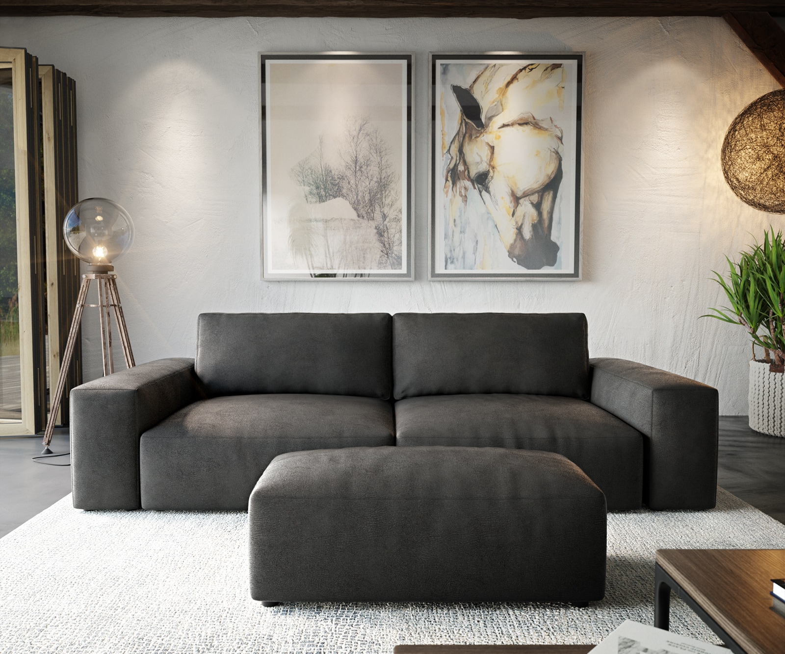 Grand Canapé Lanzo XL 270x130 cm imitation cuir vintage anthracite avec Tabouret 1 Grand Canapé Lanzo XL 270x130 cm imitation cuir vintage anthracite avec Tabouret 1