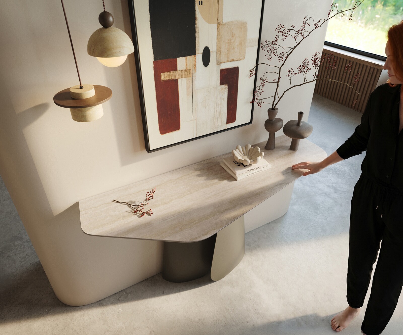 Console Edge Polygonal 140x50 cm Céramique Laminam® Travertino Bianco Creme-Weiß Livos Métal Effektfinish Titan 2