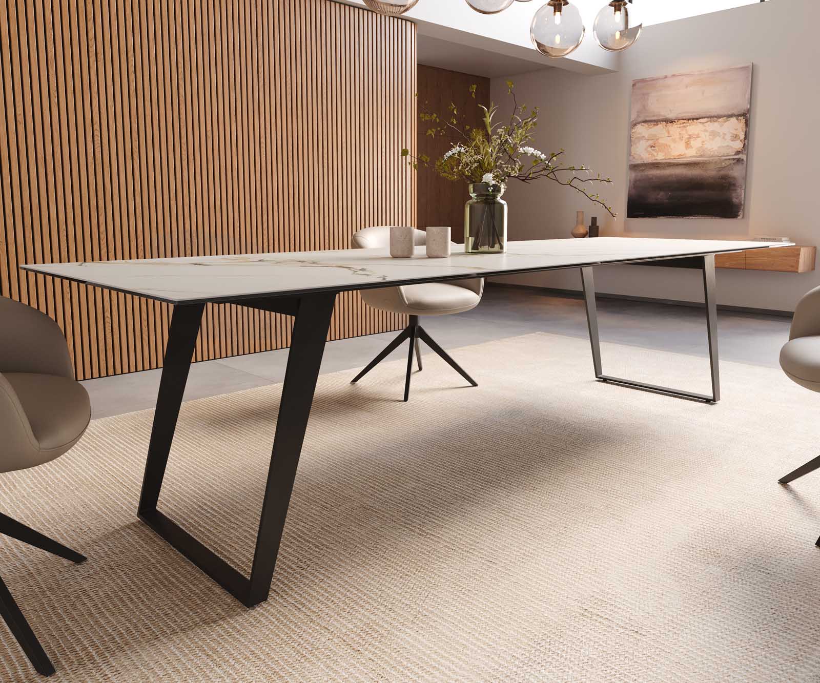 Table à manger Edge 300x100 céramique Calacatta Luxe blanc-doré-gris métal incliné noir 6