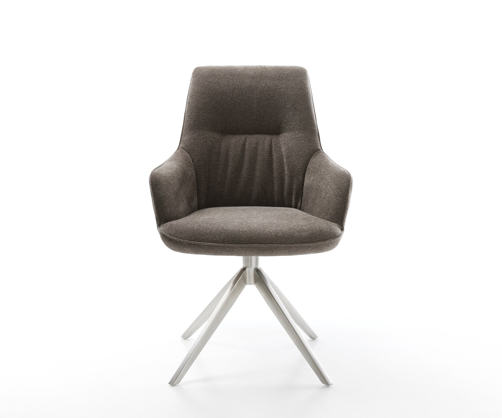 Chaise-pivotante Zelia-Flex avec accoudoirs tissu structuré doux taupe pied croisé large acier inoxydable pivotement sur 360° fonction bascule ressorts ensachés 2