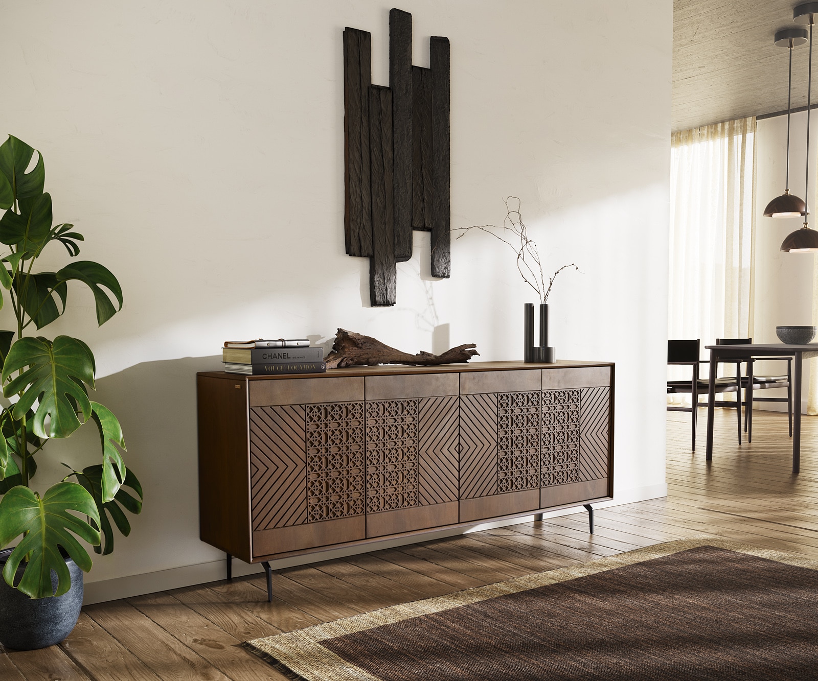 Buffet Manjula 170 cm manguier marron 4 portes pied équerre métal noir