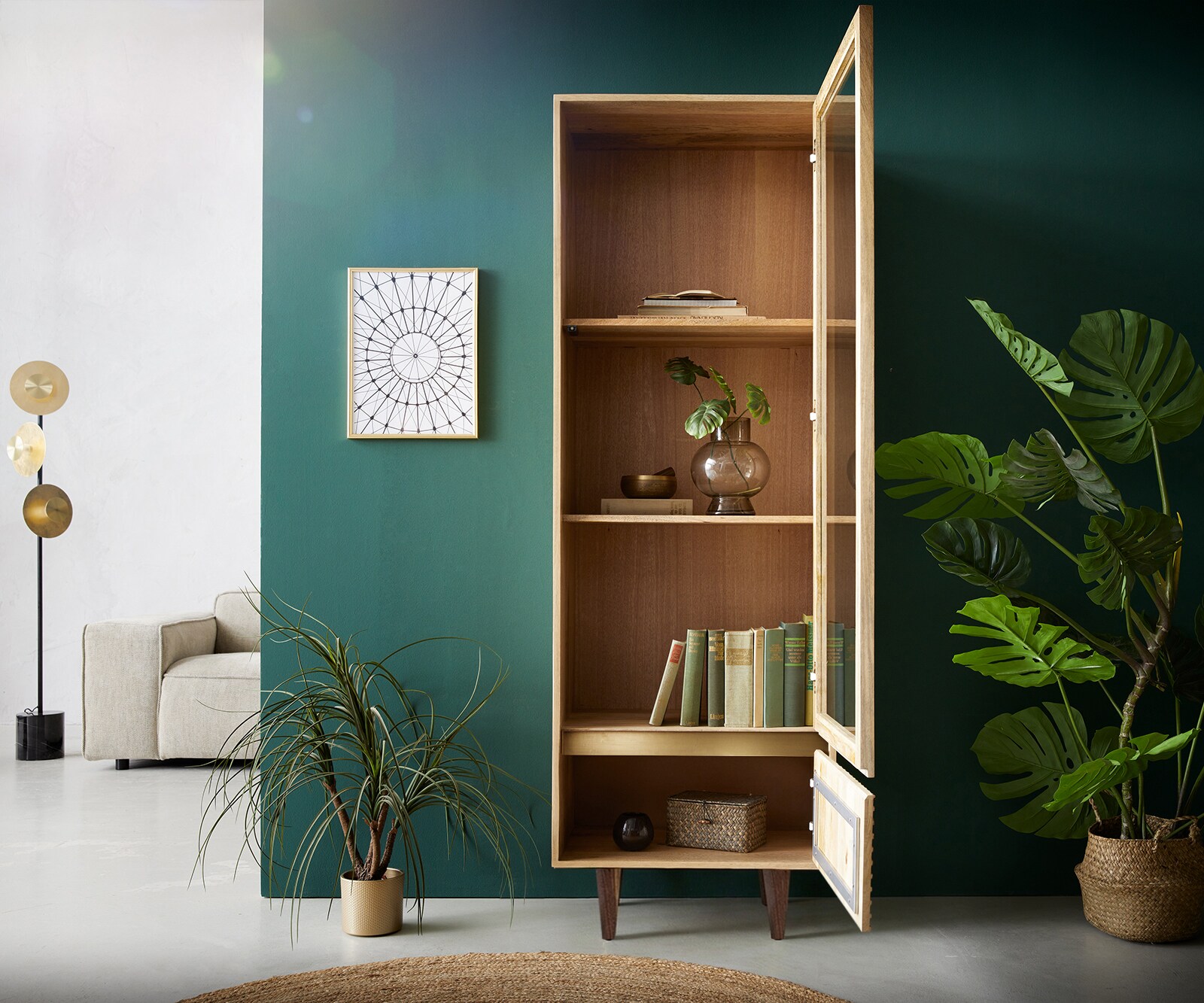 Vitrine Budaya 60x165 cm en manguier naturel 2 portes pied carré 5