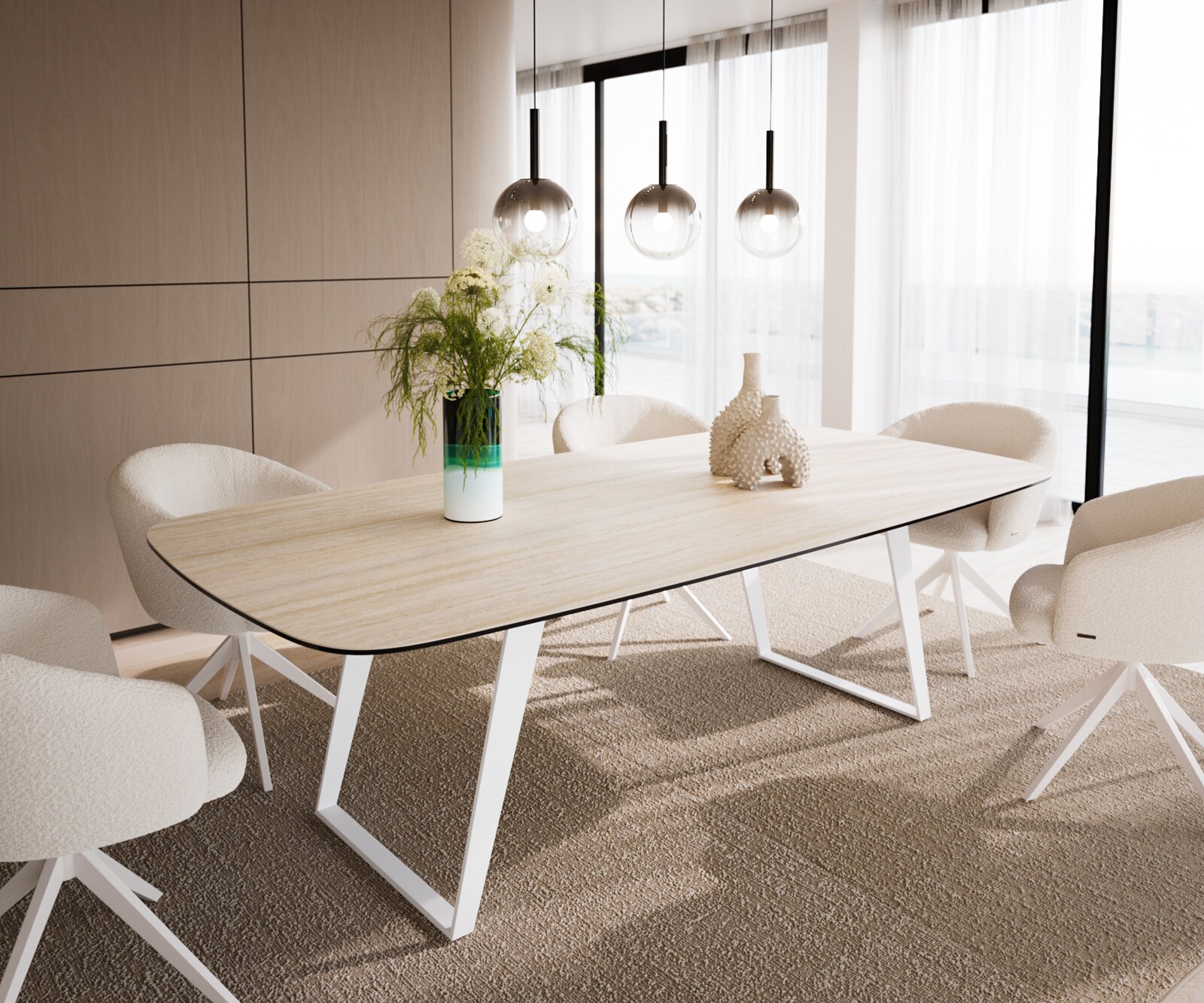 Table à manger Edge Boot 240x120 cm Céramique Travertin Naturel Métal Oblique Blanc 1