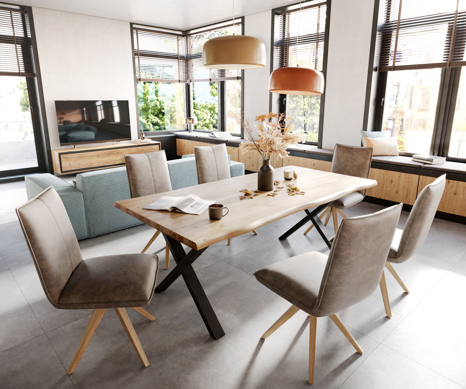 Chaise-de-salle-à-manger Lelio-Flex microvelours taupe vintage pied en bois angulaire naturel ressorts ensachés 4