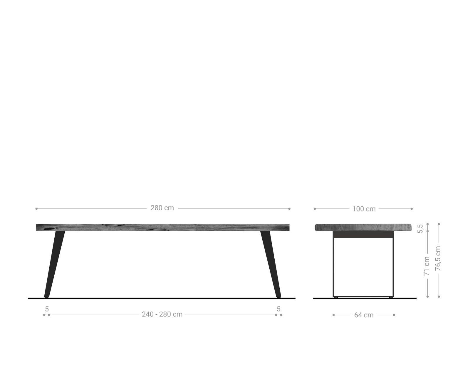 Table à manger Edge 280x100 XL acacia nature acier inoxydable inclinée Live-Edge 7