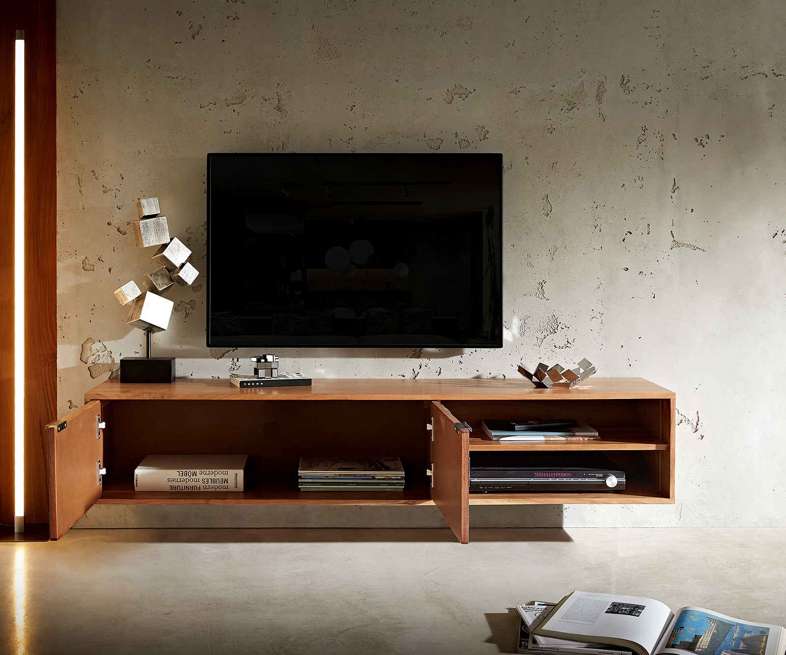 Meuble-TV Teele 160 cm acacia naturel ardoise 2 portes suspendues 5 Meuble-TV Teele 160 cm acacia naturel ardoise 2 portes suspendues 5