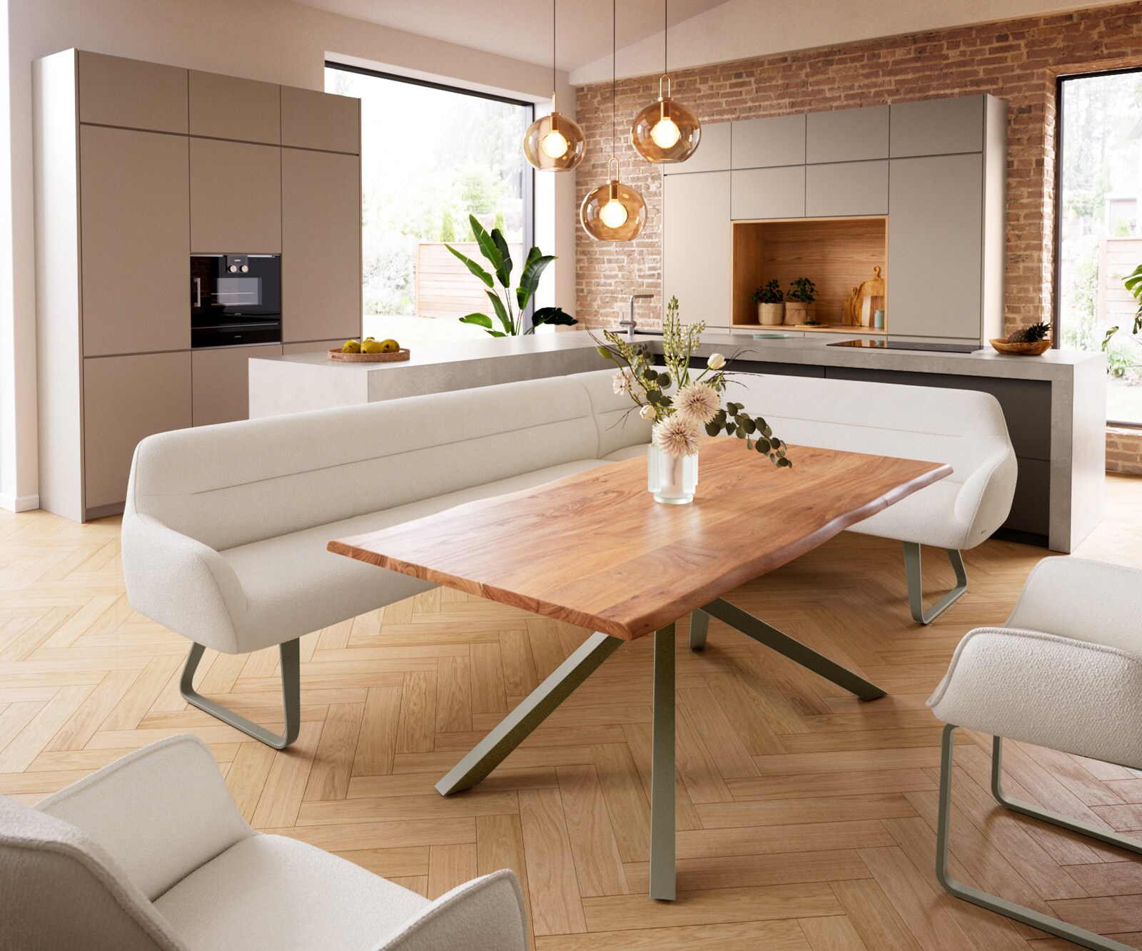 Banc-de-salle-à-manger Taya-Flex 285x190 cm bouclé crème-blanc châssis à patins plat titane ressort ensaché liens 1