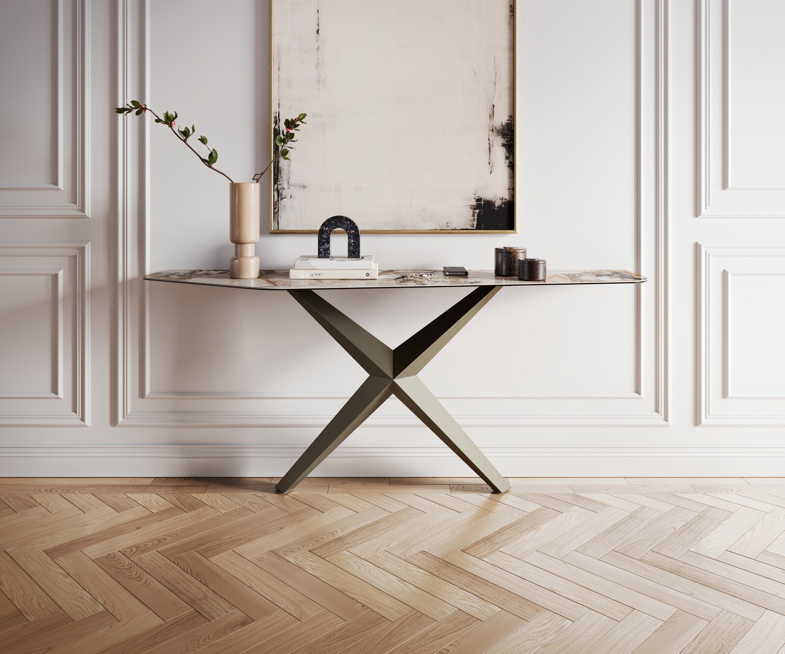 Console Edge Polygonal 180x50 cm Céramique Patagonia Poliert Zentharo Métal Effektfinish Titan 4