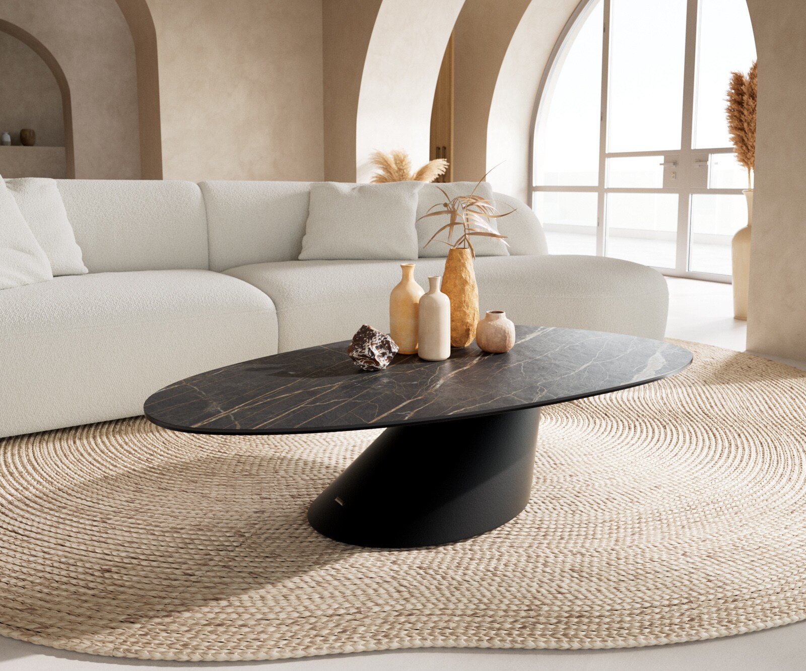 Table basse Edge Oval 140x75 cm céramique Laminam® Noir Desir brun Conis métal noir 1