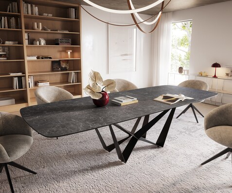 Table à manger Edge Boot 240-300x120 cm Céramique Laminam® Nero Greco Anthracite Spider Flachstahl Noir extensible