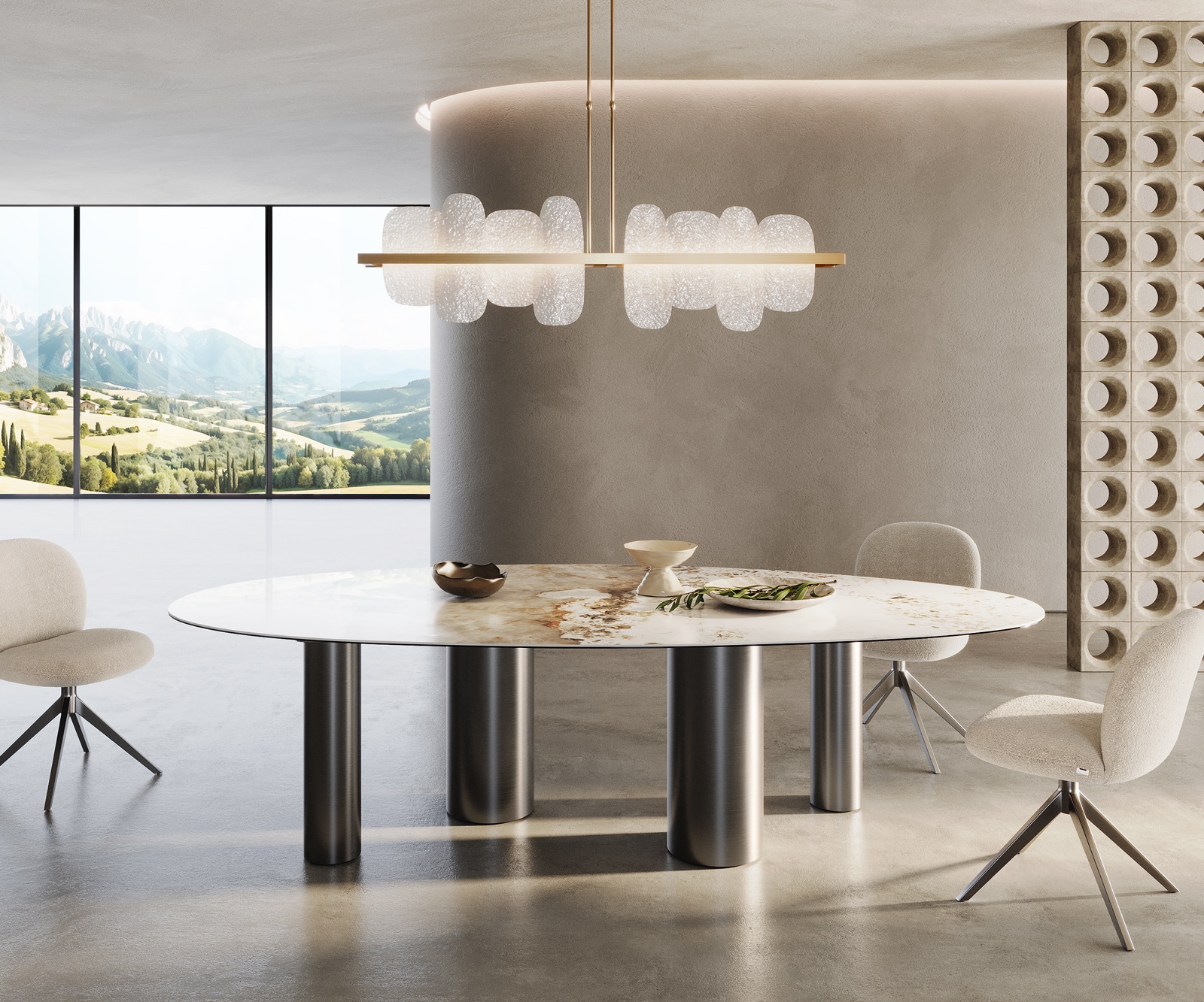 Table à manger Edge Ovale 280x130 Céramique Minas Melange Blanc-Beige Pilier Acier inoxydable Graphite 1