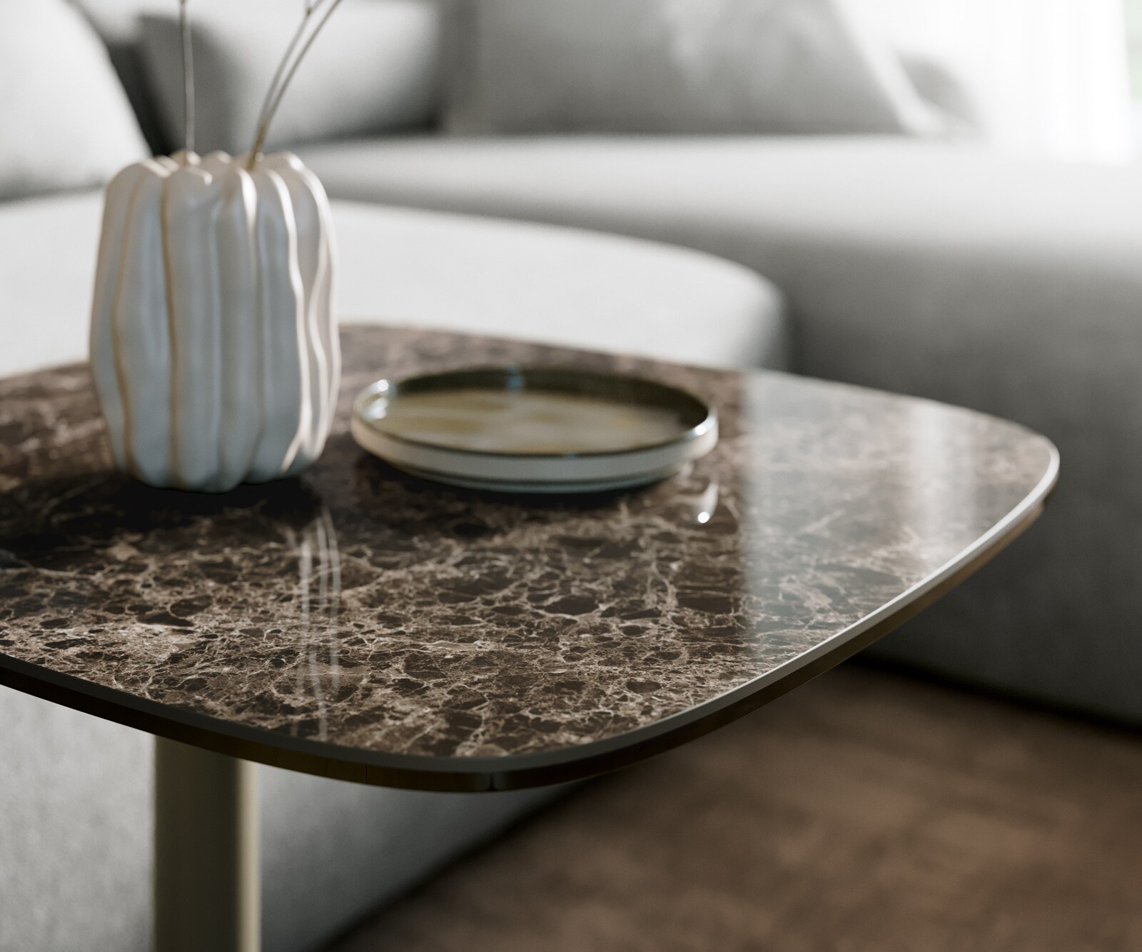 Table basse Edge Boot 50x50 cm céramique Laminam® Emperador Extra Lucidato brun foncé Eleny Metall finition effet titane 6