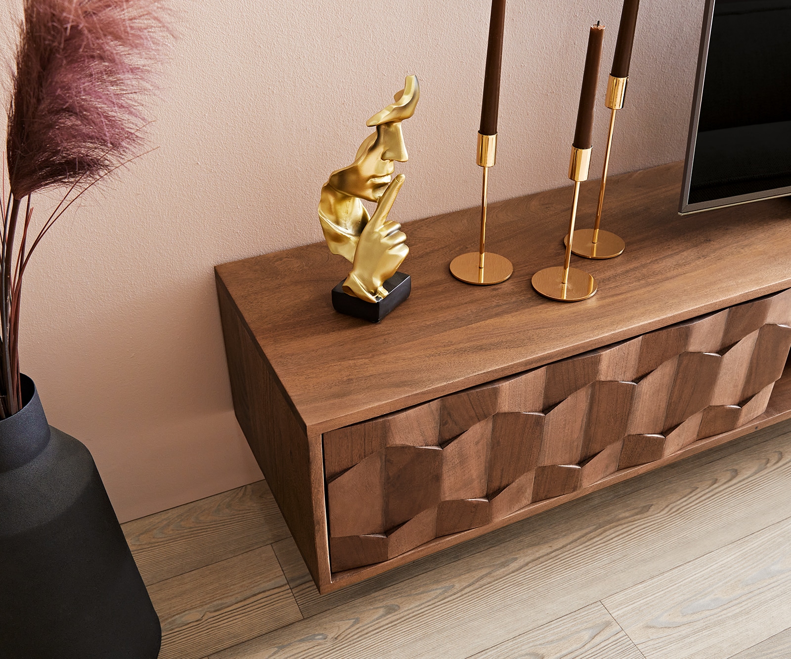 Buffet bas Fevo 240 cm acacia marron 4 portes flottant 3 Buffet bas Fevo 240 cm acacia marron 4 portes flottant 3