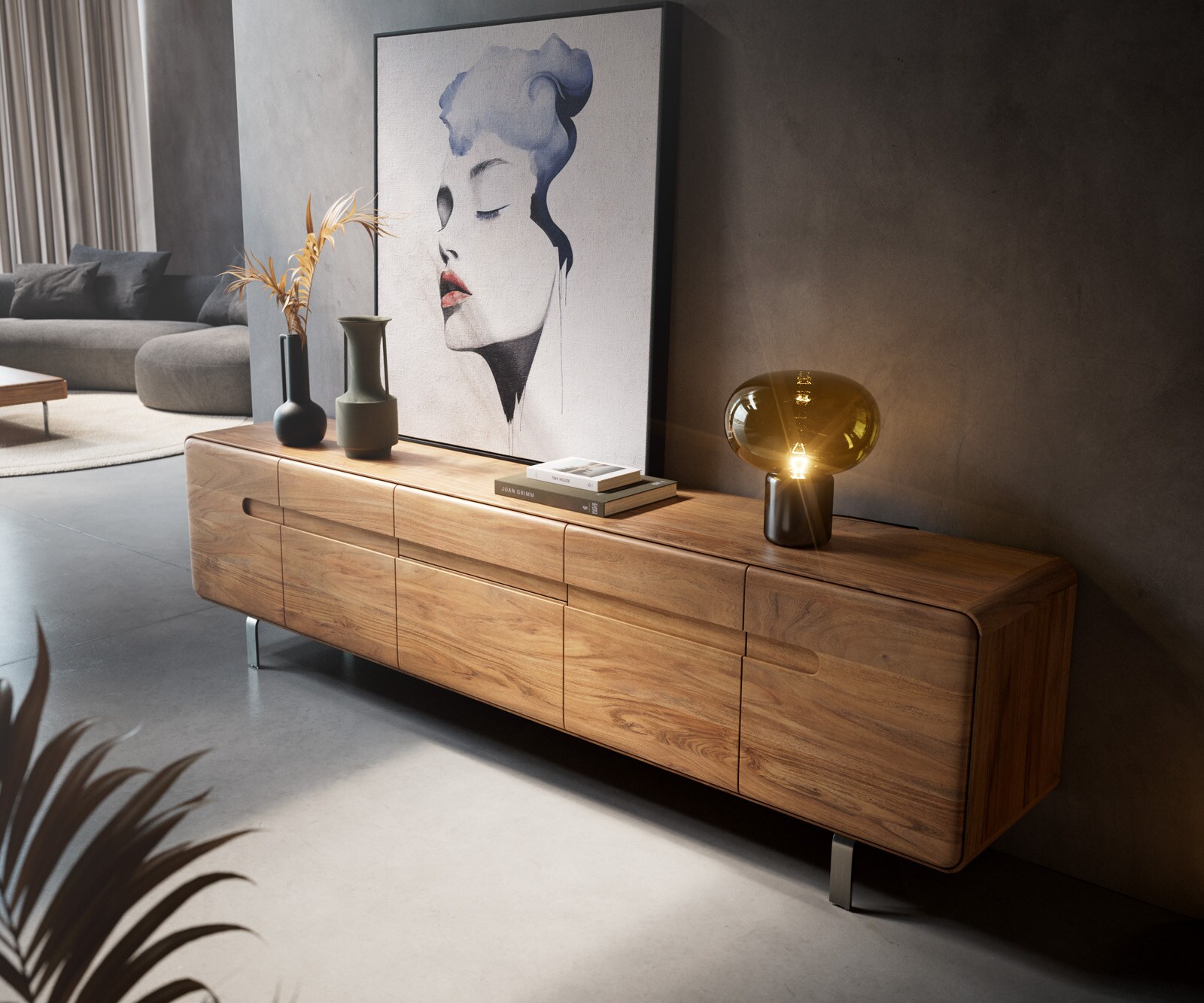 Meuble-TV Anaya 220 cm acacia naturel 4 portes 2 tiroirs pied en L inoxydable 3