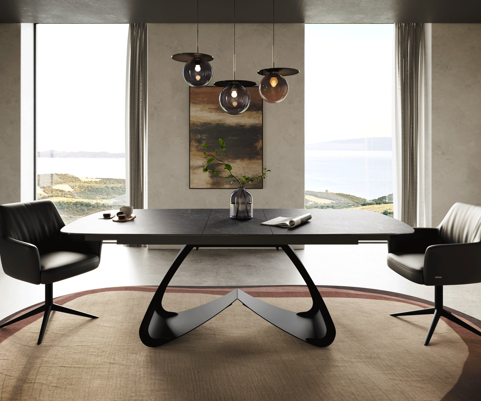 Table à manger Edge Boot 180-220x100 cm Céramique Laminam® Nero Greco Anthracite piètement en W Noir extensible 2
